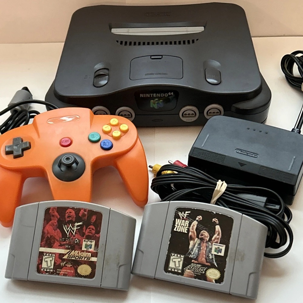 Nintendo 64 N64 Console Bundle Controller + Tested + WWF ATTITUDE & WAR ZONE